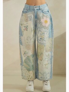 Patchwork Print Wide-Leg Denim Jeans - Light Blue with Pastel Floral Accents